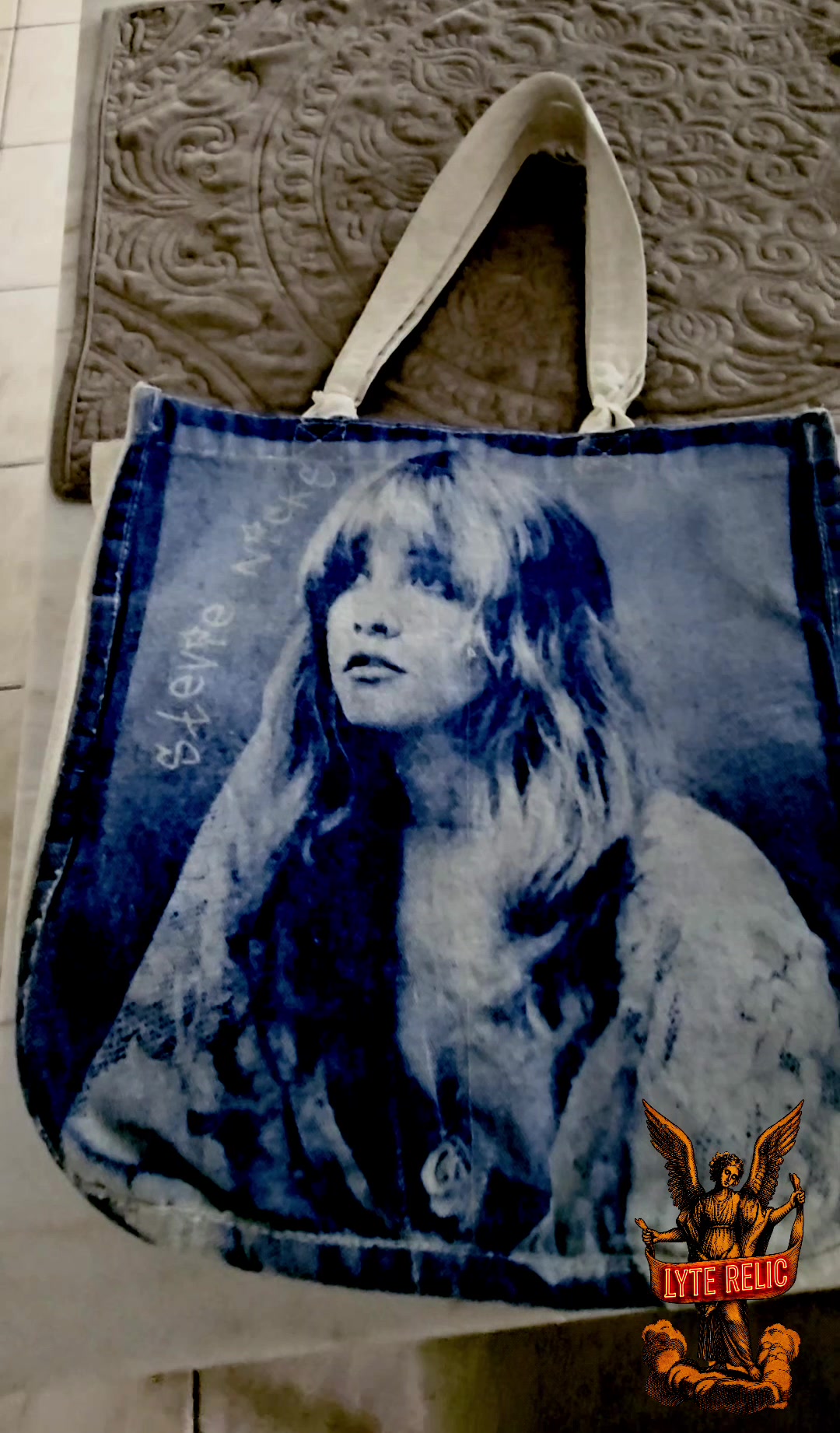 Finished indigo Stevie Nicks one-of-one tote by LYTE RELIC